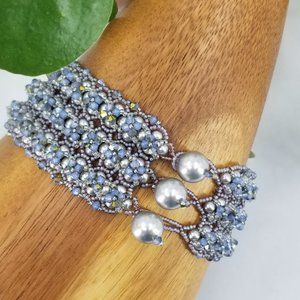 Featured  Crystal and Pearl Hand Beaded Bracelet and Earrings Set